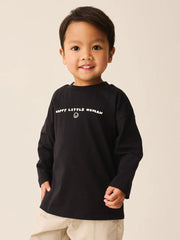 Black Happy Little Human Slogan Long Sleeve Small Graphic Printed T-Shirt (3mths-7yrs