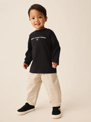 Black Happy Little Human Slogan Long Sleeve Small Graphic Printed T-Shirt (3mths-7yrs