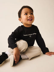Black Happy Little Human Slogan Long Sleeve Small Graphic Printed T-Shirt (3mths-7yrs