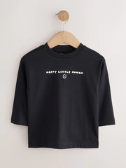 Black Happy Little Human Slogan Long Sleeve Small Graphic Printed T-Shirt (3mths-7yrs