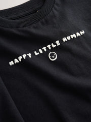 Black Happy Little Human Slogan Long Sleeve Small Graphic Printed T-Shirt (3mths-7yrs