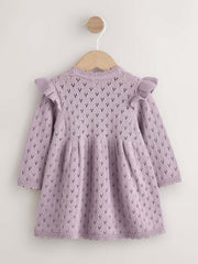 Lilac Purple Pointelle Knitted Frill Shoulder Baby Dress (0mths-2yrs)