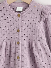 Lilac Purple Pointelle Knitted Frill Shoulder Baby Dress (0mths-2yrs)