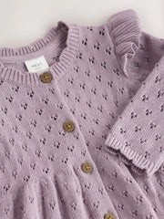 Lilac Purple Pointelle Knitted Frill Shoulder Baby Dress (0mths-2yrs)