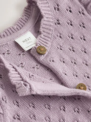 Lilac Purple Pointelle Knitted Frill Shoulder Baby Dress (0mths-2yrs)