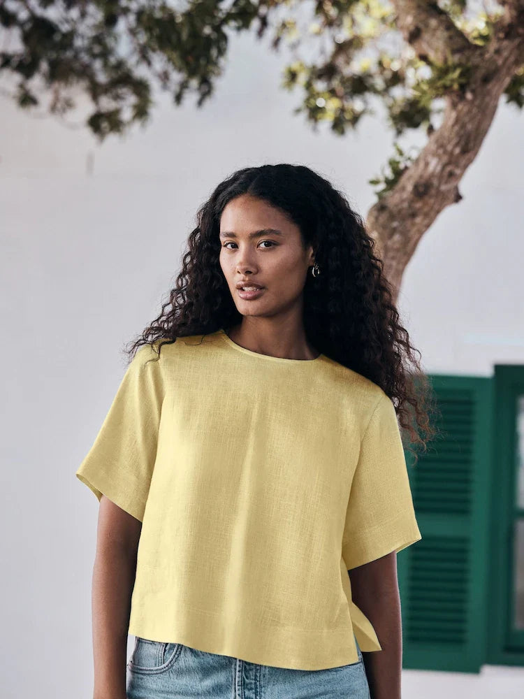 Yellow Short Sleeve Boxy T-Shirt with Linen