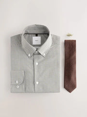 Brown/Green Regular Fit Check Button Down Shirt and Texture Tie Set