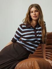 Chocolate Brown/Blue Striped Knit Look Short Sleeve Polo Top