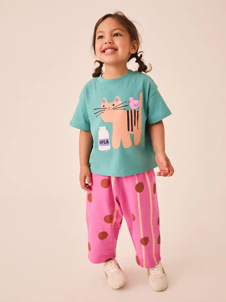 Green Cat Short Sleeve T-Shirt and Barrel Trousers Set (3mths-7yrs)