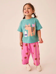 Green Cat Short Sleeve T-Shirt and Barrel Trousers Set (3mths-7yrs)