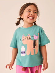 Green Cat Short Sleeve T-Shirt and Barrel Trousers Set (3mths-7yrs)