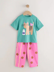 Green Cat Short Sleeve T-Shirt and Barrel Trousers Set (3mths-7yrs)