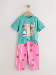 Green Cat Short Sleeve T-Shirt and Barrel Trousers Set (3mths-7yrs)