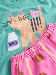 Green Cat Short Sleeve T-Shirt and Barrel Trousers Set (3mths-7yrs)