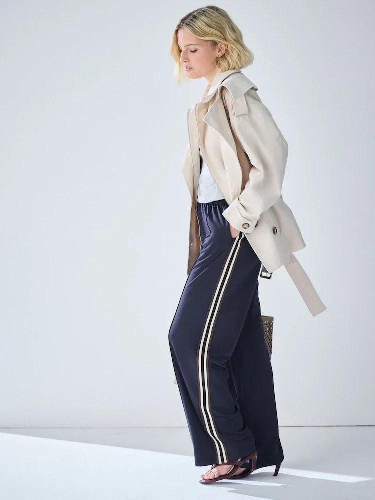 Navy Blue Side Stripe Wide Leg Trousers