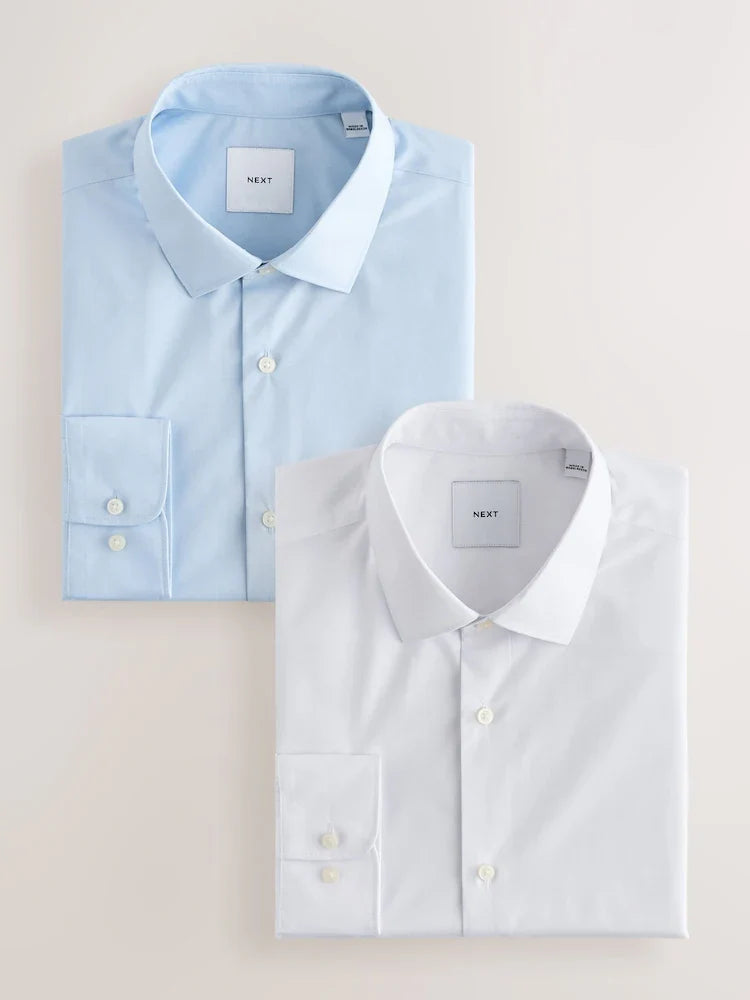 White/Blue Regular Fit Easy Care Long Sleeve Single Cuff Smart Shirts 2 Pack