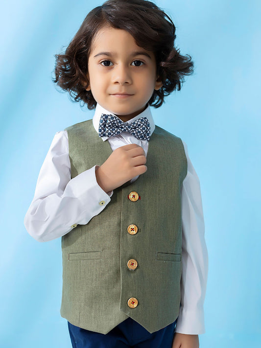 Green Linen Textured Suit Vest With Bow Brumano Pakistan