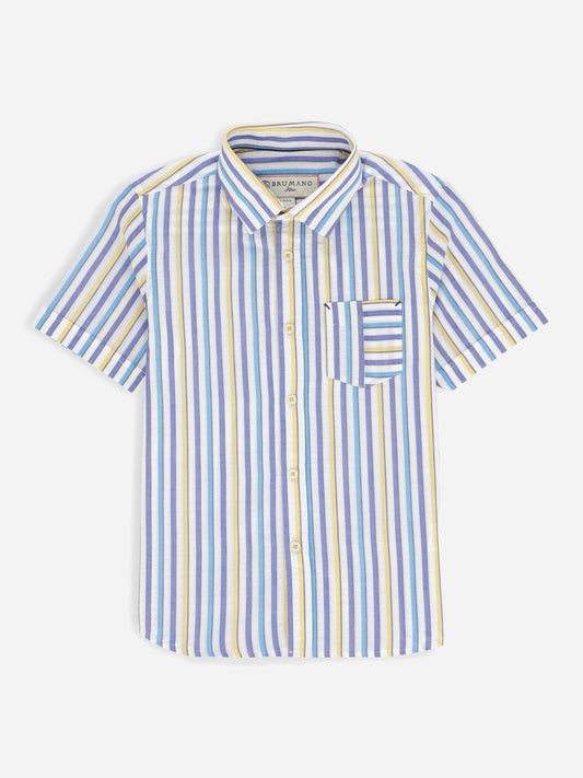 Green & Blue Seersucked Striped Half Sleeve Casual Shirt Brumano Pakistan 