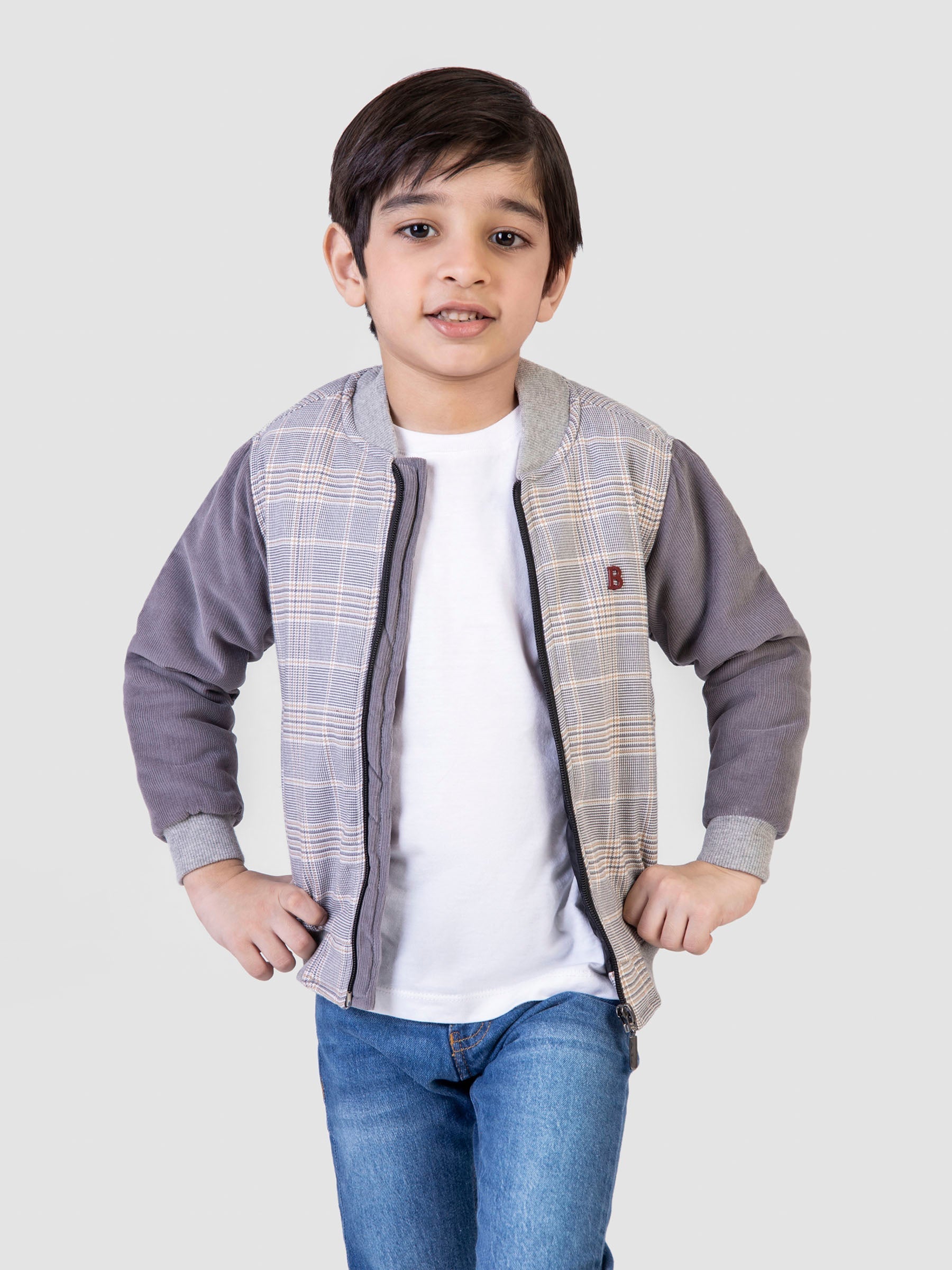 Grey Corduray Checkered Quilted Bomber Jacket Brumano Pakistan