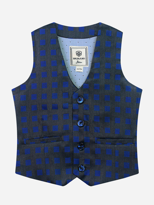 Grey & Blue Square Patterned Suit Vest With Bow Brumano Pakistan 