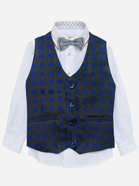 Grey & Blue Square Patterned Suit Vest With Bow Brumano Pakistan 