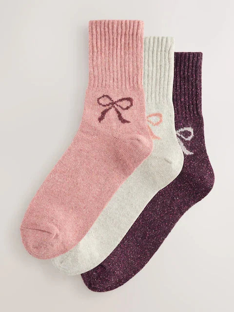 Pink Bows Thermal Wool Blend Ankle Socks 3 Pack With Silk