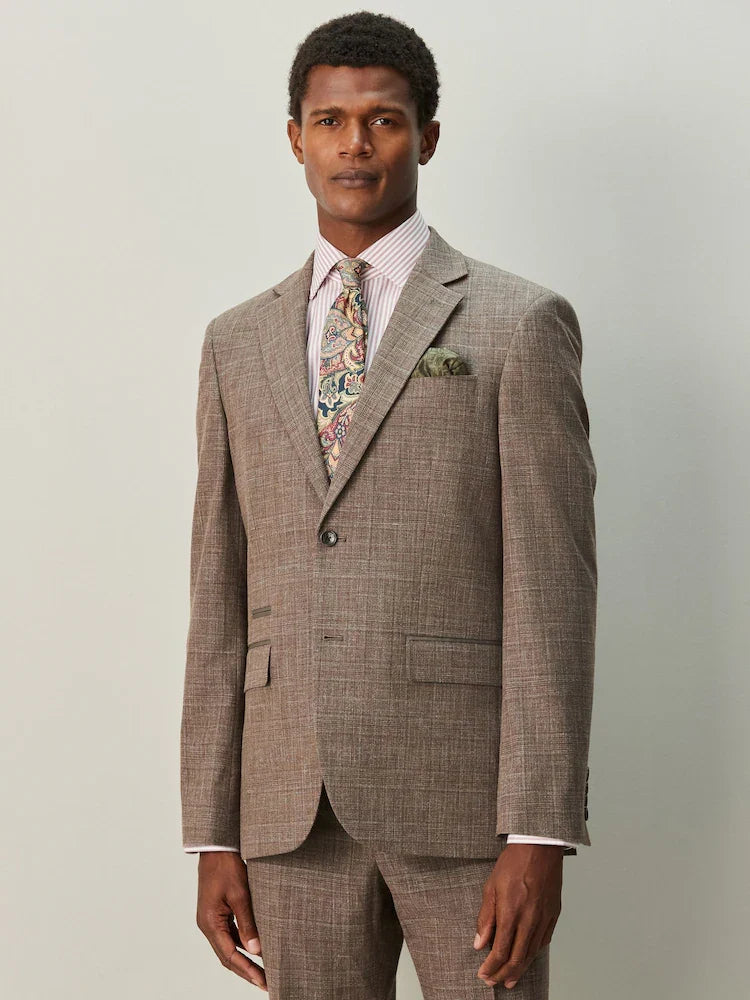 Brown Regular Fit Trimmed Check Suit Jacket