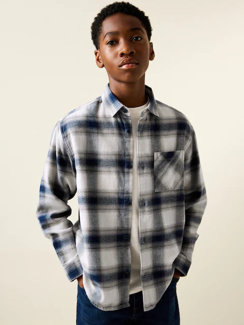 NEXT - Blue/Ecru Long Sleeve Cotton Check Shirt (3-16yrs)