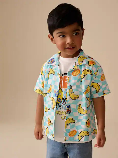 Blue/Yellow Banana All Over Short Sleeve Printed Shirt and T-Shirts Set (6mths-7yrs)