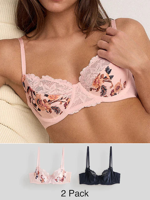 Navy/Cream Floral 2 Pack Non Pad Full Cup Bras