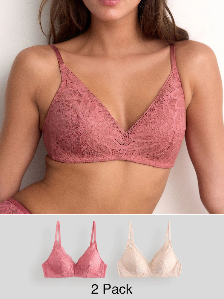 Rose/Pink Pad Non Wire Lace Detail Ultimate Comfort Bras 2 Pack