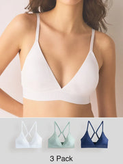White/Green/Navy Non Pad Non Wire Cotton Ribbed Logo Bralettes 3 Pack