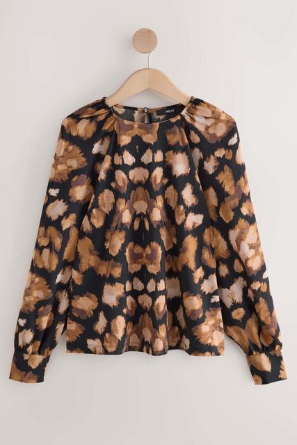 Animal Print Long Sleeve Crew Neck Blouse