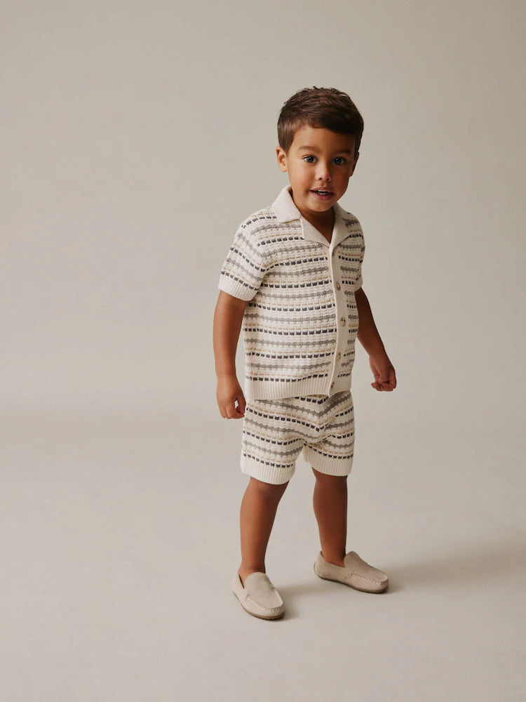 Neutral Textured Revere Collar Knitted Polo Shirt and Shorts Set (3mths-10yrs)