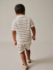 Neutral Textured Revere Collar Knitted Polo Shirt and Shorts Set (3mths-10yrs)
