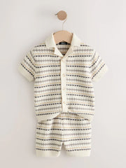 Neutral Textured Revere Collar Knitted Polo Shirt and Shorts Set (3mths-10yrs)