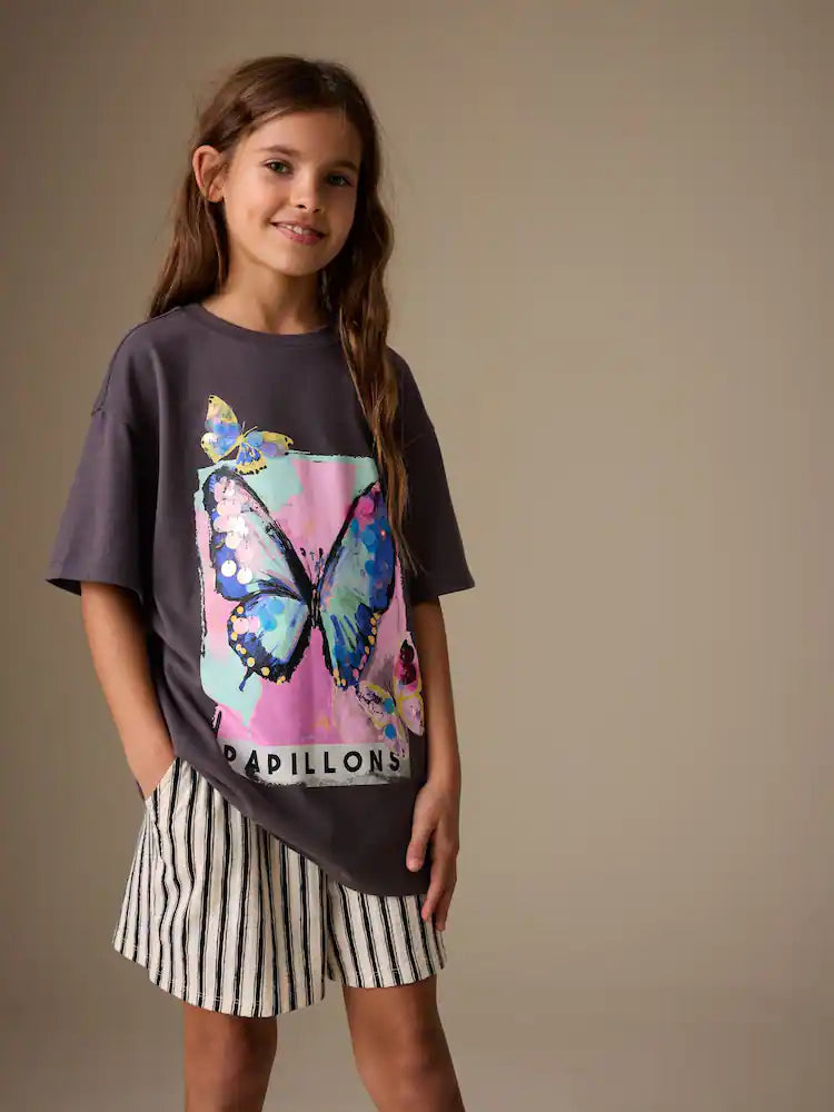 Charcoal Grey Butterfly Sequin Graphic T-Shirt (3-16yrs)
