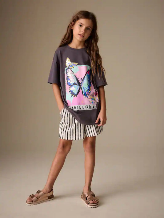 Charcoal Grey Butterfly Sequin Graphic T-Shirt (3-16yrs)