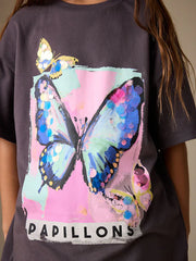 Charcoal Grey Butterfly Sequin Graphic T-Shirt (3-16yrs)