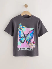 Charcoal Grey Butterfly Sequin Graphic T-Shirt (3-16yrs)