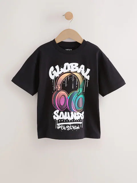 Black Headphones Short Sleeve Graphic T-Shirt (3-16yrs)