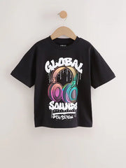 Black Headphones Short Sleeve Graphic T-Shirt (3-16yrs)