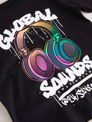 Black Headphones Short Sleeve Graphic T-Shirt (3-16yrs)