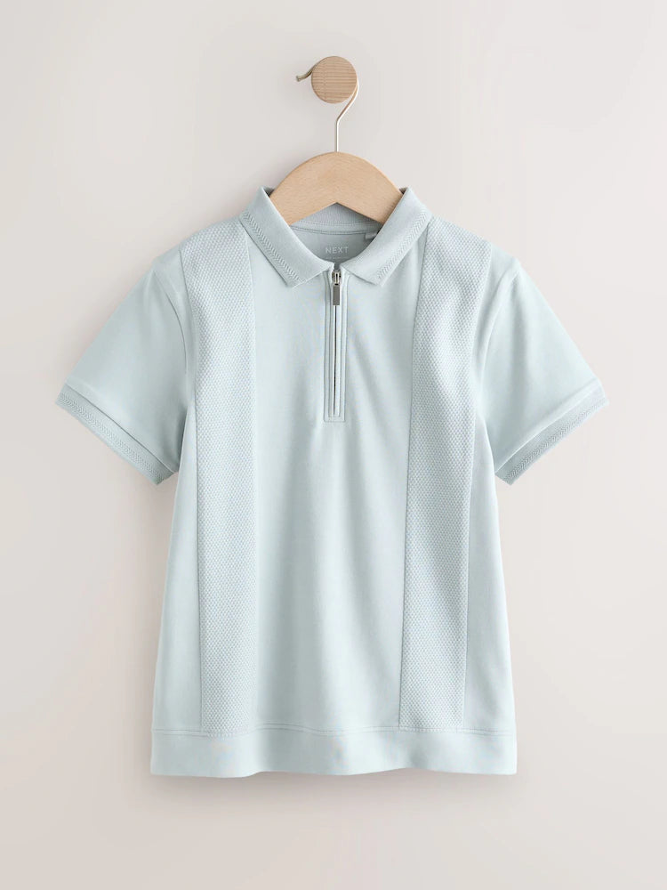 Blue Textured Short Sleeve Zip Neck Polo Shirt
