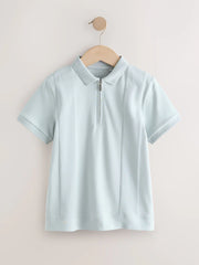 Blue Textured Short Sleeve Zip Neck Polo Shirt