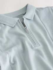Blue Textured Short Sleeve Zip Neck Polo Shirt