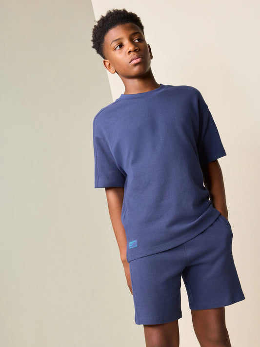 Navy Blue Textured Short Sleeve T-Shirt and Shorts Set (3-16yrs)