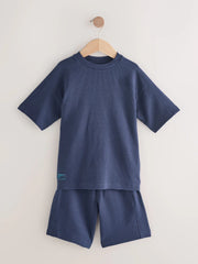 Navy Blue Textured Short Sleeve T-Shirt and Shorts Set (3-16yrs)