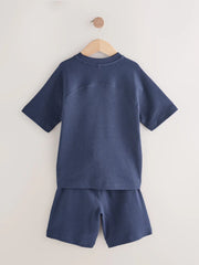 Navy Blue Textured Short Sleeve T-Shirt and Shorts Set (3-16yrs)