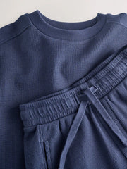 Navy Blue Textured Short Sleeve T-Shirt and Shorts Set (3-16yrs)